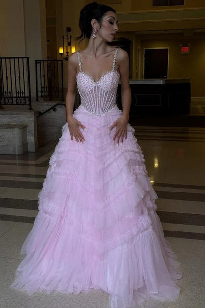 Blush Pink Beaded Corset Ball Prom Dress with Layered Ruffle Tulle Skirt