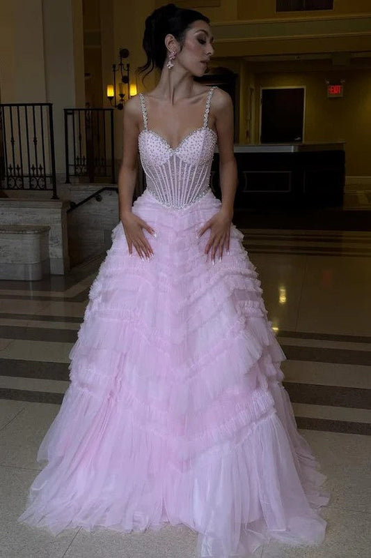Blush Pink Beaded Corset Ball Prom Dress with Layered Ruffle Tulle Skirt