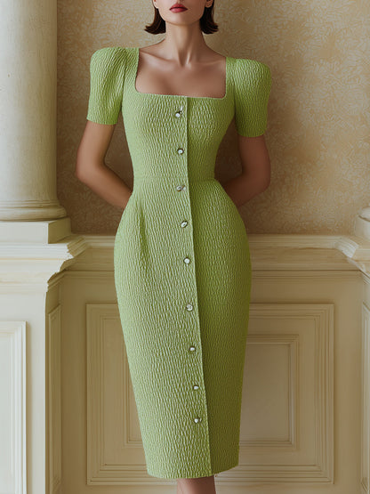Light Green Square Neck Button-Front Midi Dress