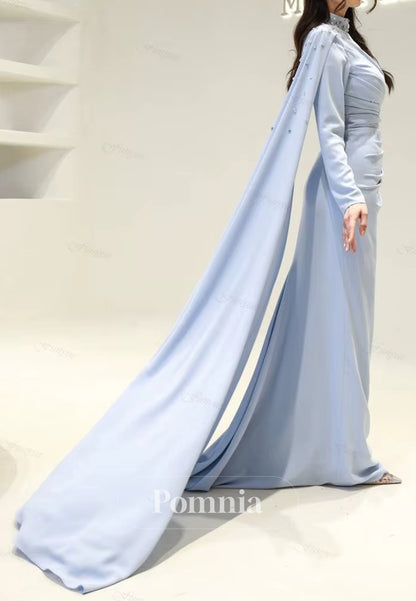 Long Sleeves High Neck Pearls Ruched Evening Dress