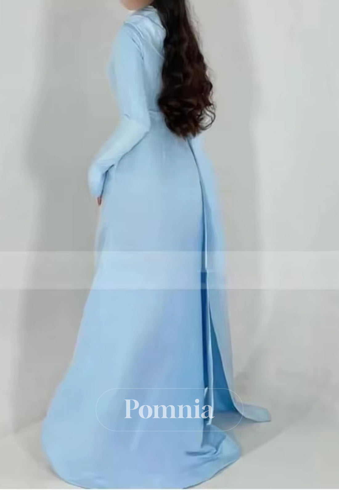 Sky Blue Long Sleeves Scoop Ruched Corset Evening Dress