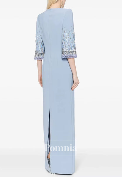 Elegant Half Sleeves Scoop Sequins A-Line Satin Evening Dress