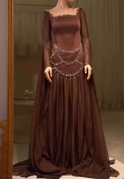 Cabernet Long Sleeves Square Sequins A-Line Prom Dress