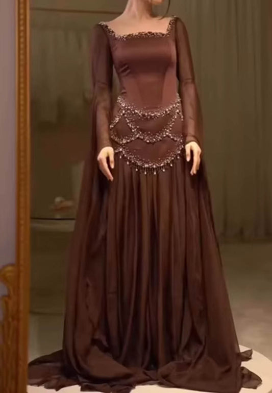 Cabernet Long Sleeves Square Sequins A-Line Prom Dress