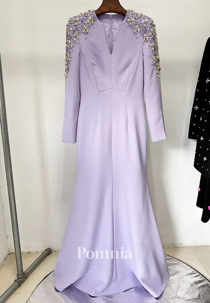 Simple Long Sleeves Scoop A-Line Sequins Evening Dress