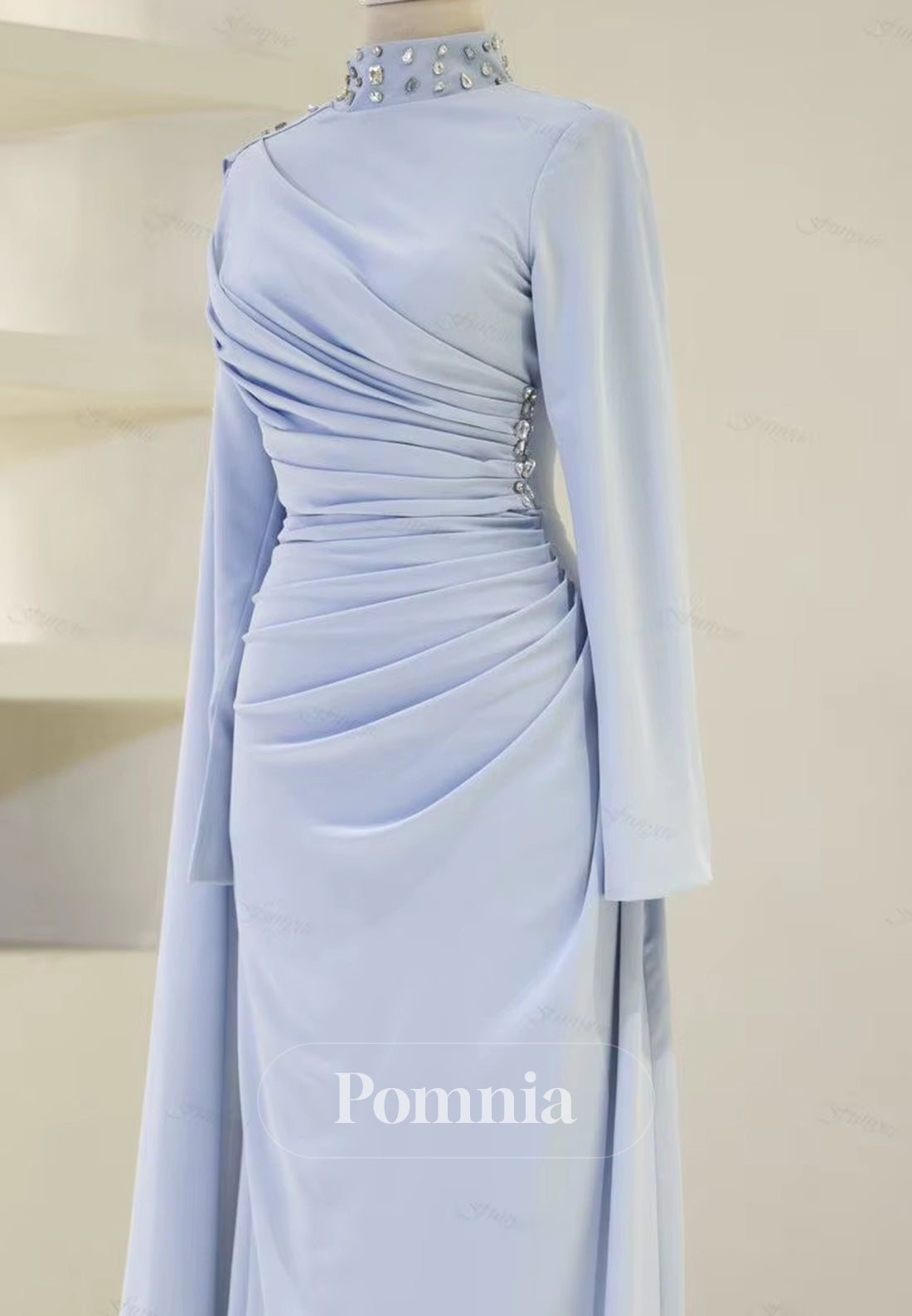 Long Sleeves High Neck Pearls Ruched Evening Dress