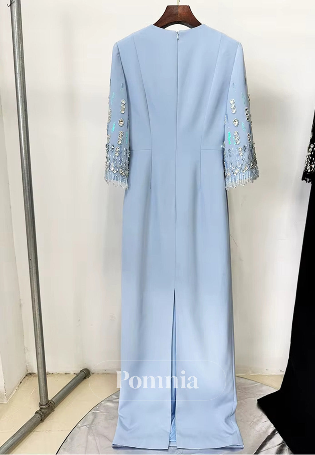 Elegant Half Sleeves Scoop Sequins A-Line Satin Evening Dress