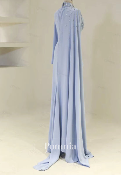 Long Sleeves High Neck Pearls Ruched Evening Dress