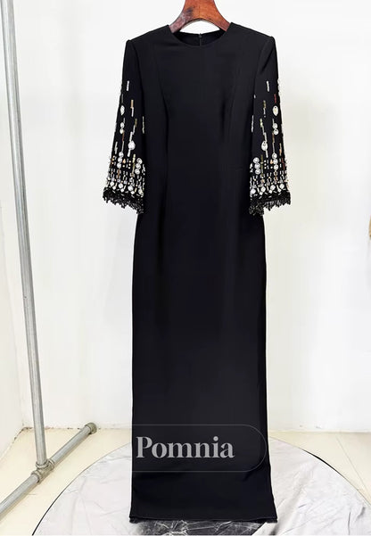 Elegant Half Sleeves Scoop Sequins A-Line Satin Evening Dress