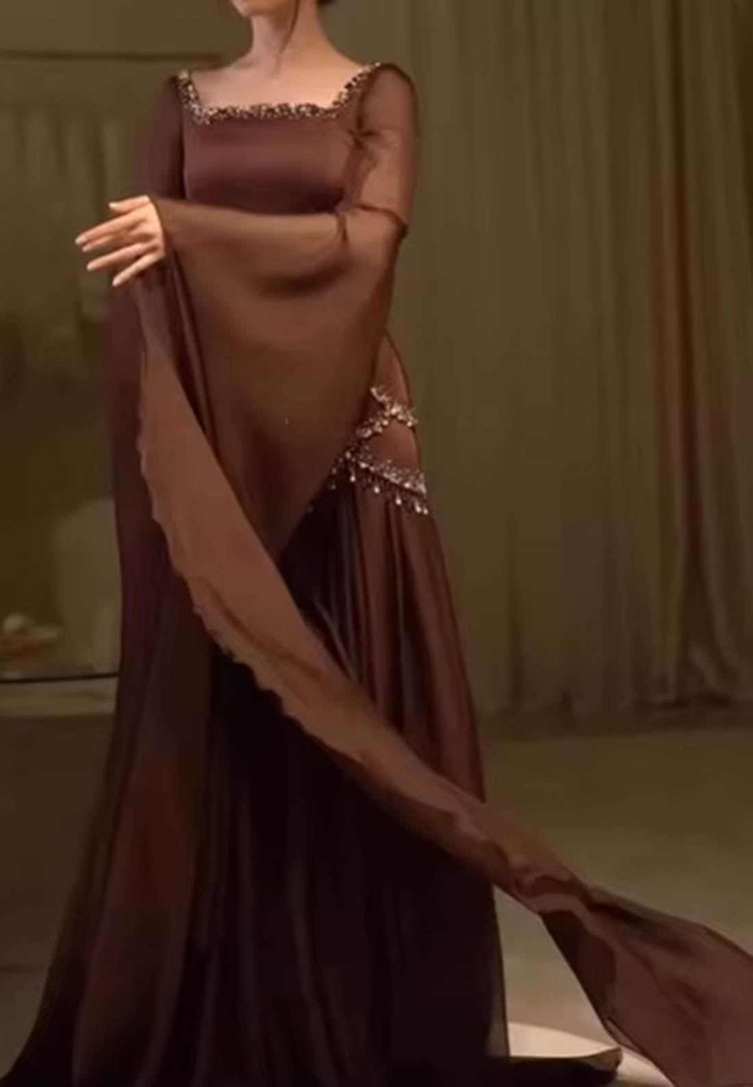 Cabernet Long Sleeves Square Sequins A-Line Prom Dress