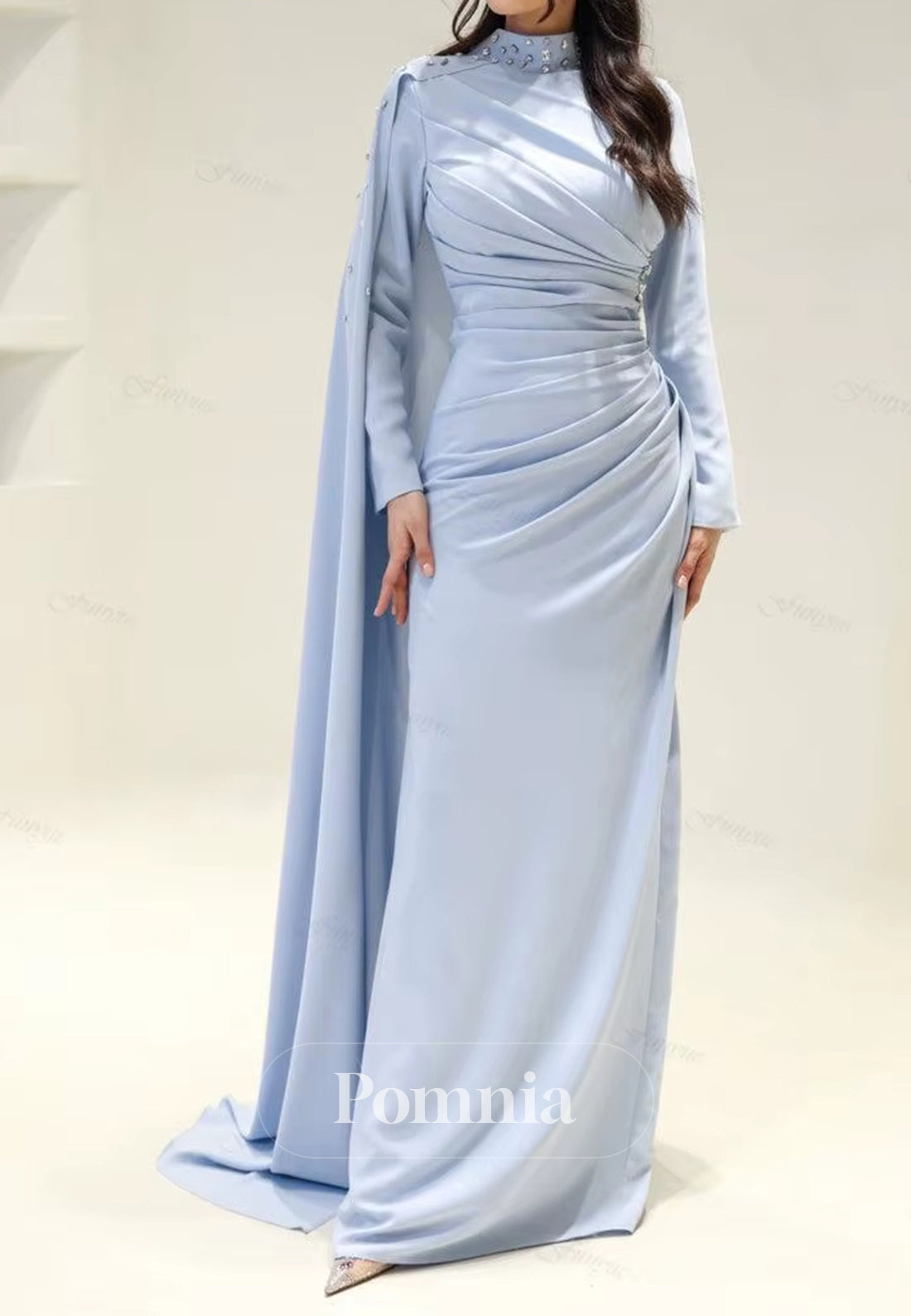 Long Sleeves High Neck Pearls Ruched Evening Dress