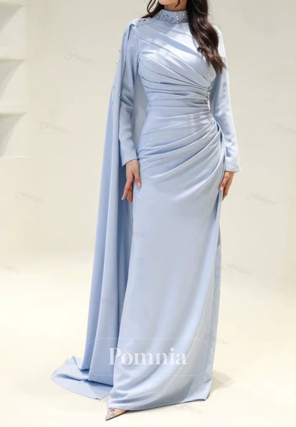 Long Sleeves High Neck Pearls Ruched Evening Dress