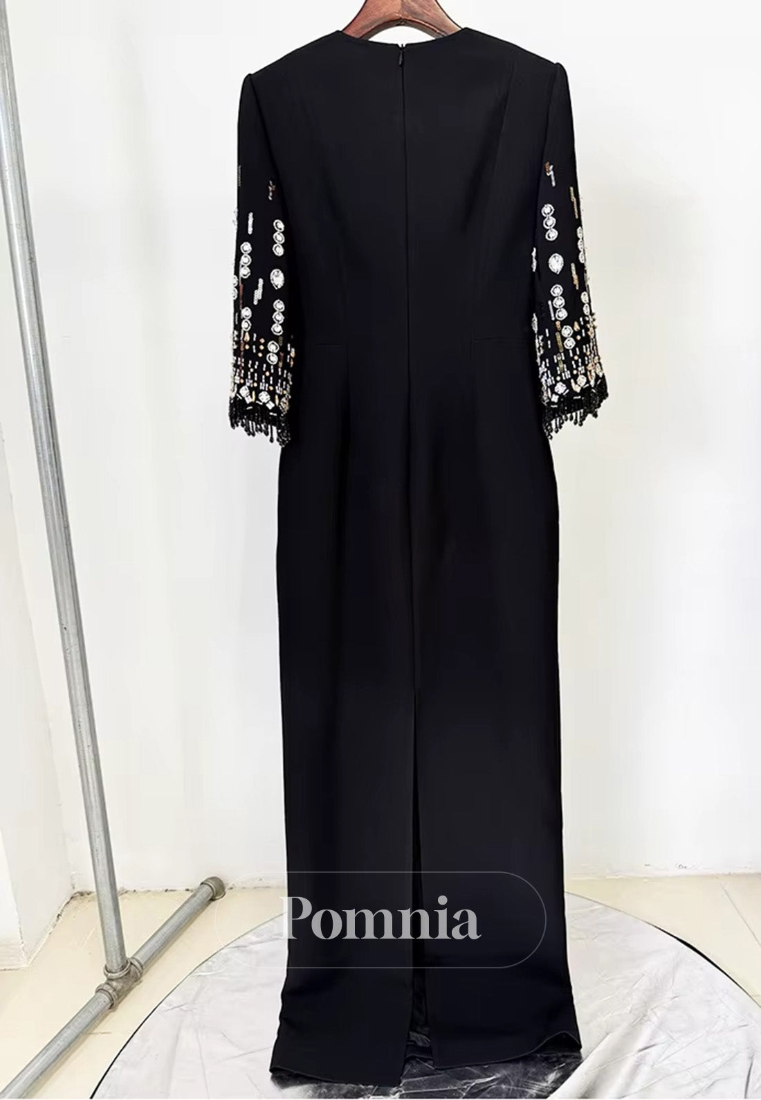 Elegant Half Sleeves Scoop Sequins A-Line Satin Evening Dress