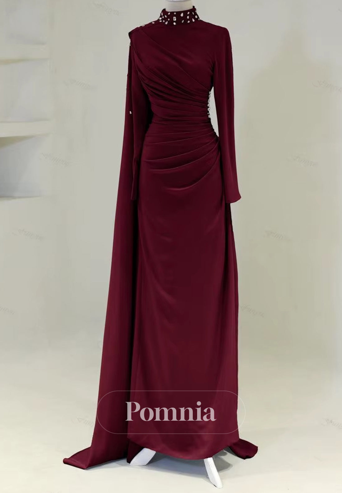 Long Sleeves High Neck Pearls Ruched Evening Dress