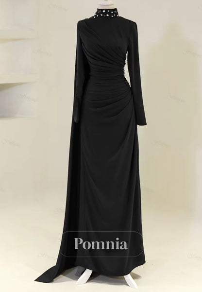 Long Sleeves High Neck Pearls Ruched Evening Dress