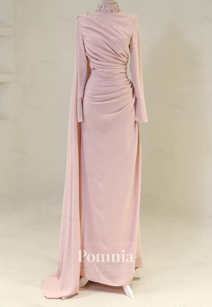 Long Sleeves High Neck Pearls Ruched Evening Dress