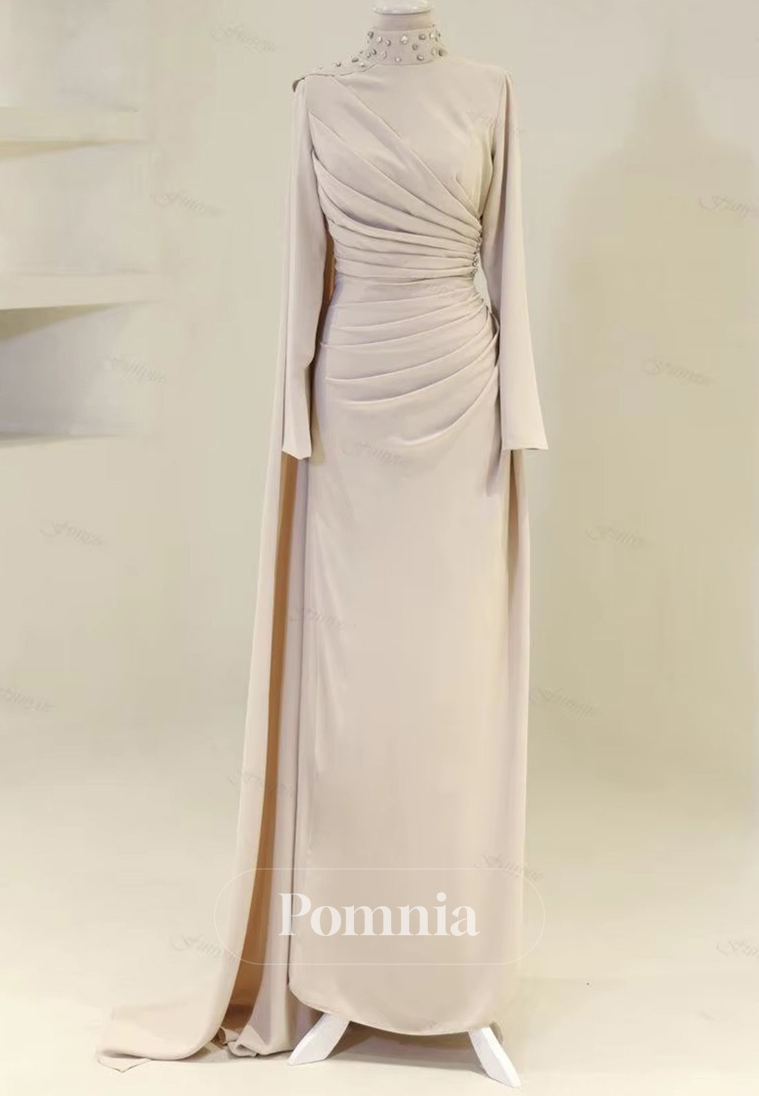 Long Sleeves High Neck Pearls Ruched Evening Dress