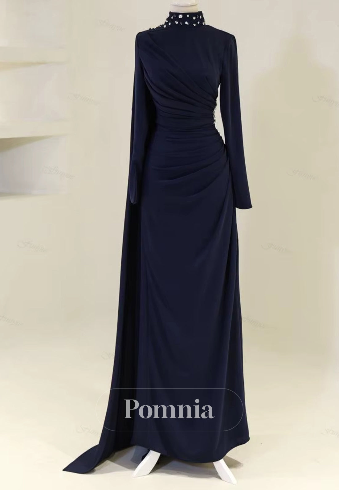 Long Sleeves High Neck Pearls Ruched Evening Dress