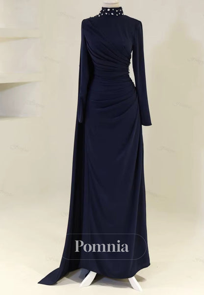 Long Sleeves High Neck Pearls Ruched Evening Dress