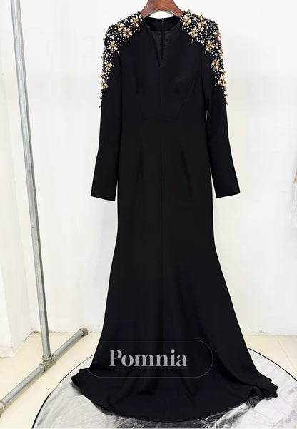 Simple Long Sleeves Scoop A-Line Sequins Evening Dress