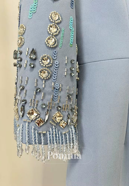 Elegant Half Sleeves Scoop Sequins A-Line Satin Evening Dress