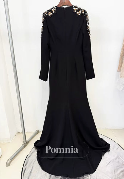 Simple Long Sleeves Scoop A-Line Sequins Evening Dress