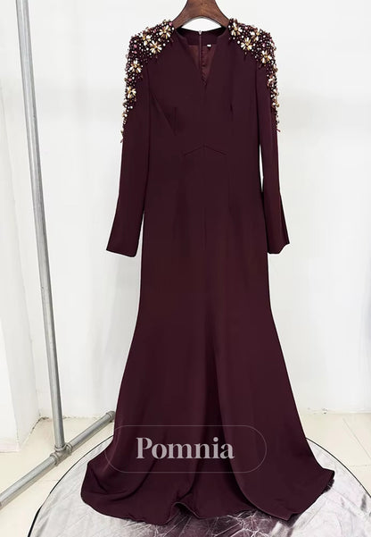 Simple Long Sleeves Scoop A-Line Sequins Evening Dress