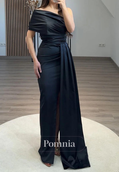 Black One Shoulder Sleeveless Ruched Evening Dress