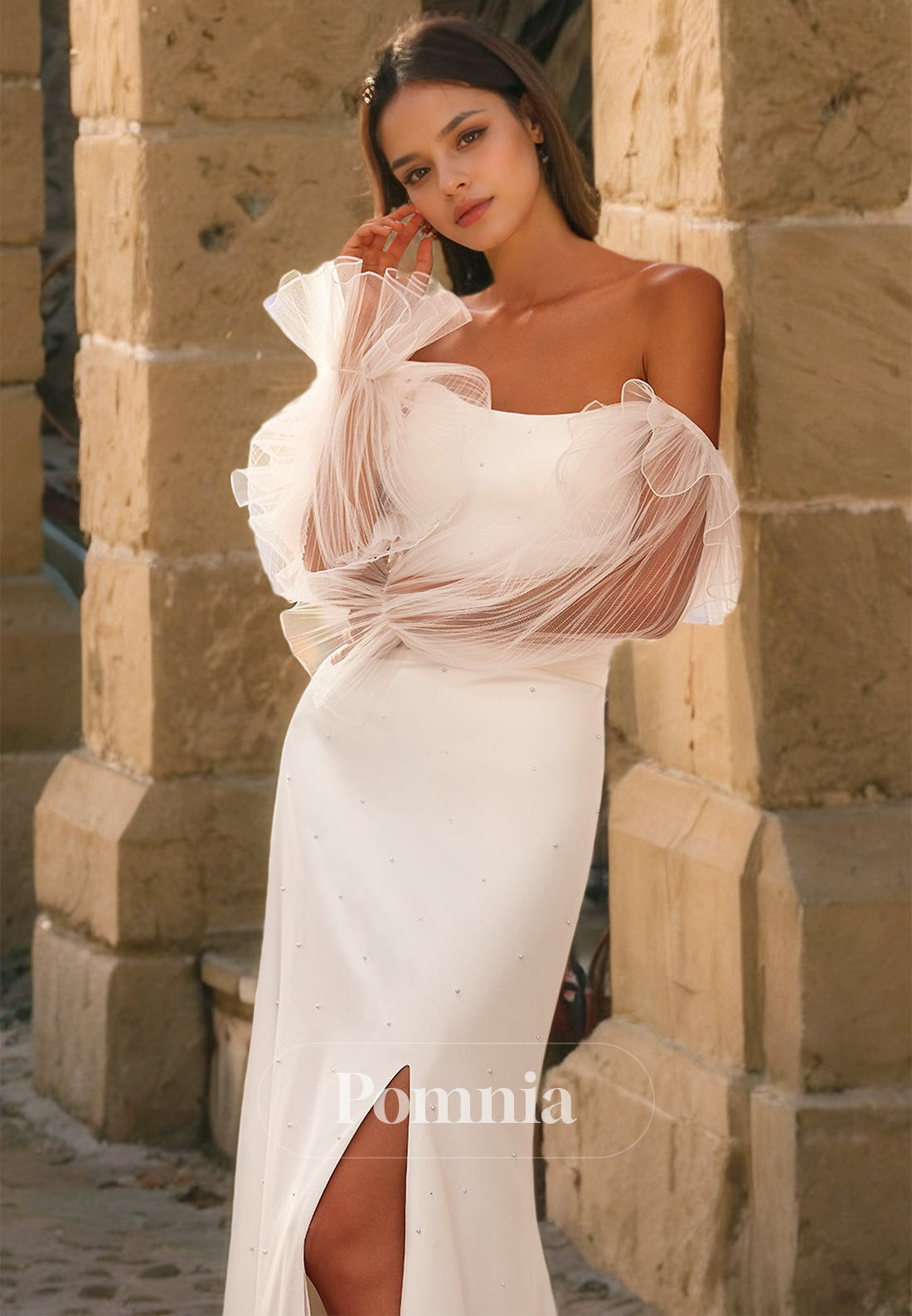 Chic A-Line Long Sleeves Off-Shoulder Sweep Train Corset Side Slit  Satin Wedding Dress