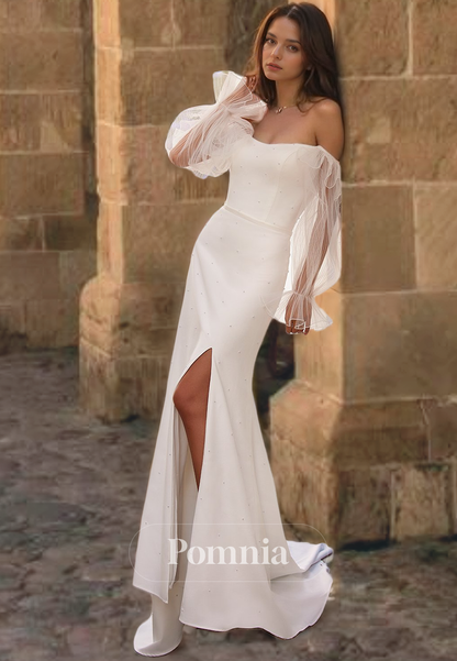 Chic A-Line Long Sleeves Off-Shoulder Sweep Train Corset Side Slit  Satin Wedding Dress