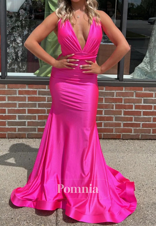 Mermaid Deep V-Neck Hot Pink Prom Dress