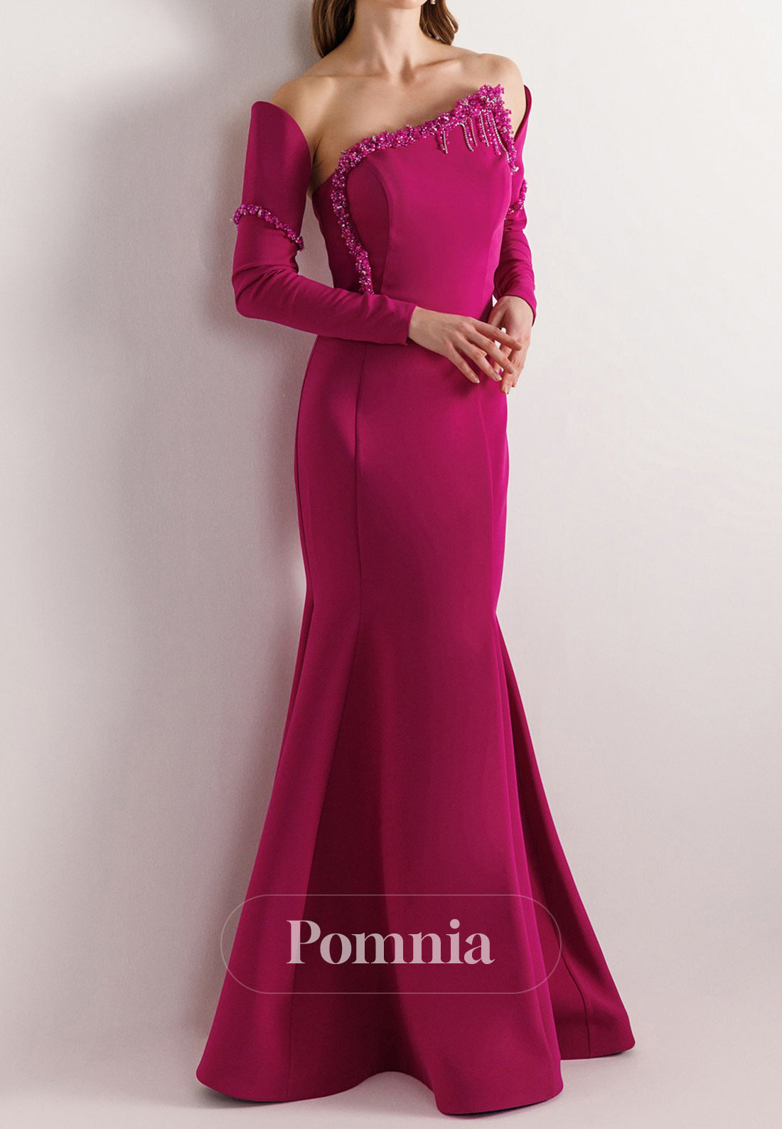 Mermaid Half Sleeves Off-Shoulder Beads Ruched Evening Dress