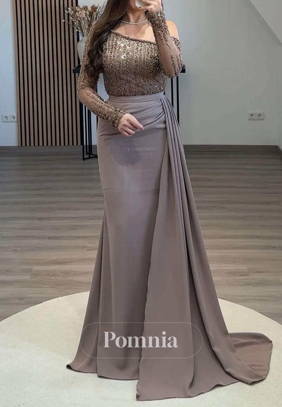 Mermaid Long Sleeves Appliques Ruched Evening Dress