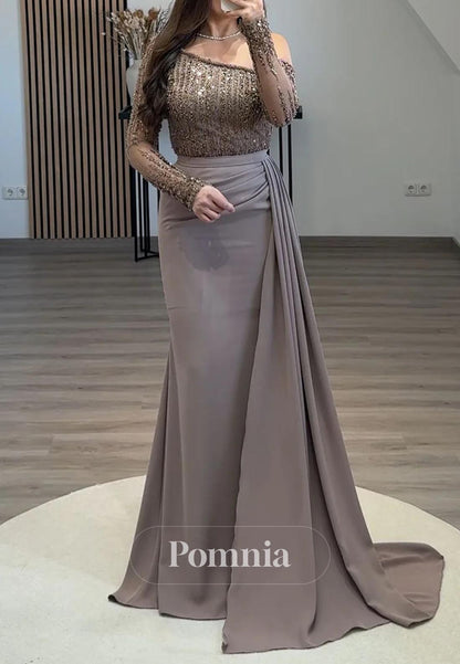 Mermaid Long Sleeves Appliques Ruched Evening Dress