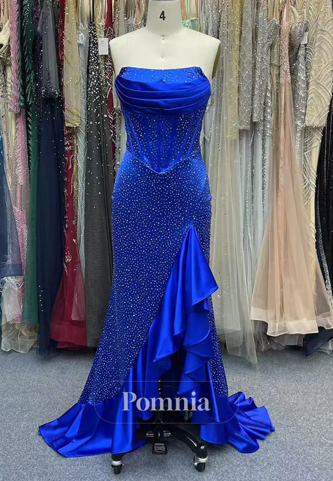 Mermaid Strapless Corset Bodice Long Prom Dress with Ruffle Slit