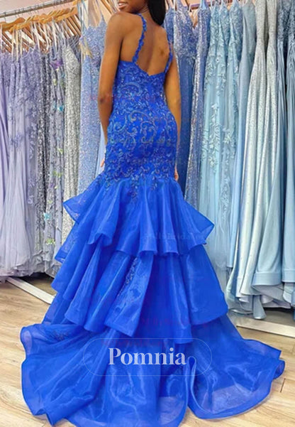 Mermaid V-Neck Tulle Tiered Prom Dresses With Appliques