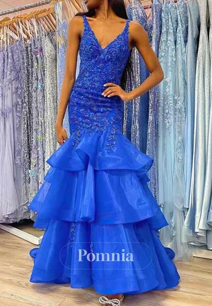 Mermaid V-Neck Tulle Tiered Prom Dresses With Appliques