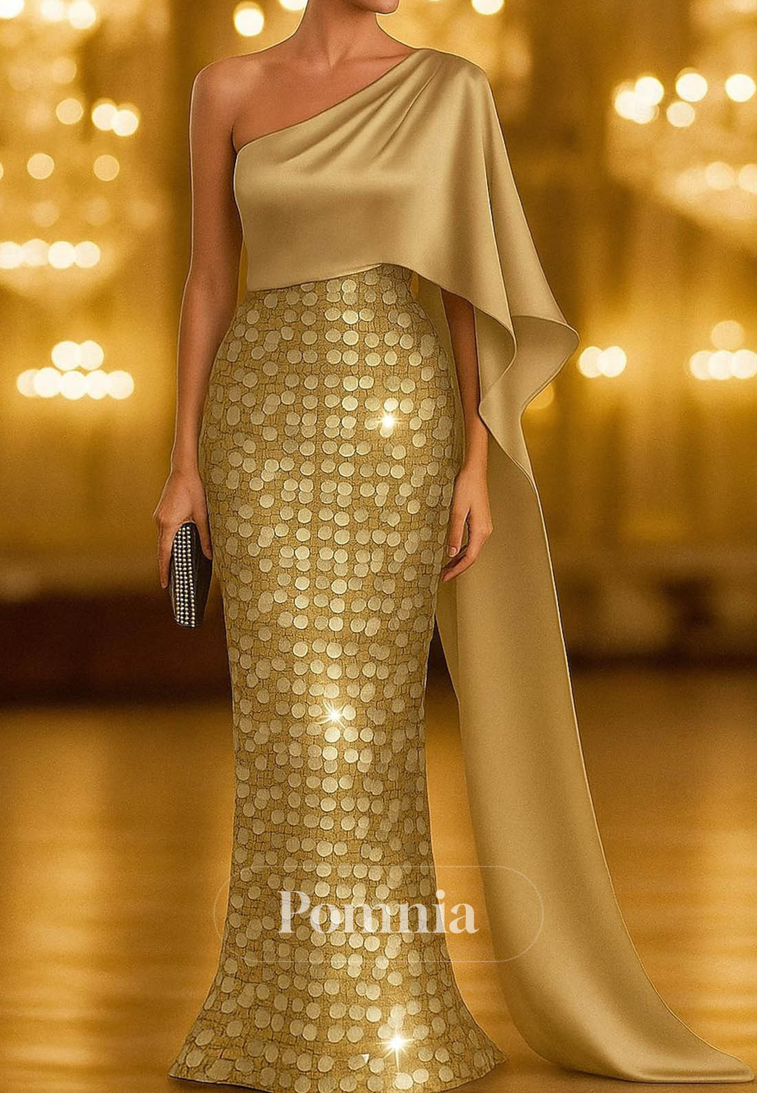One Shoulder Formal Capes Satin Sequined Evening Dress