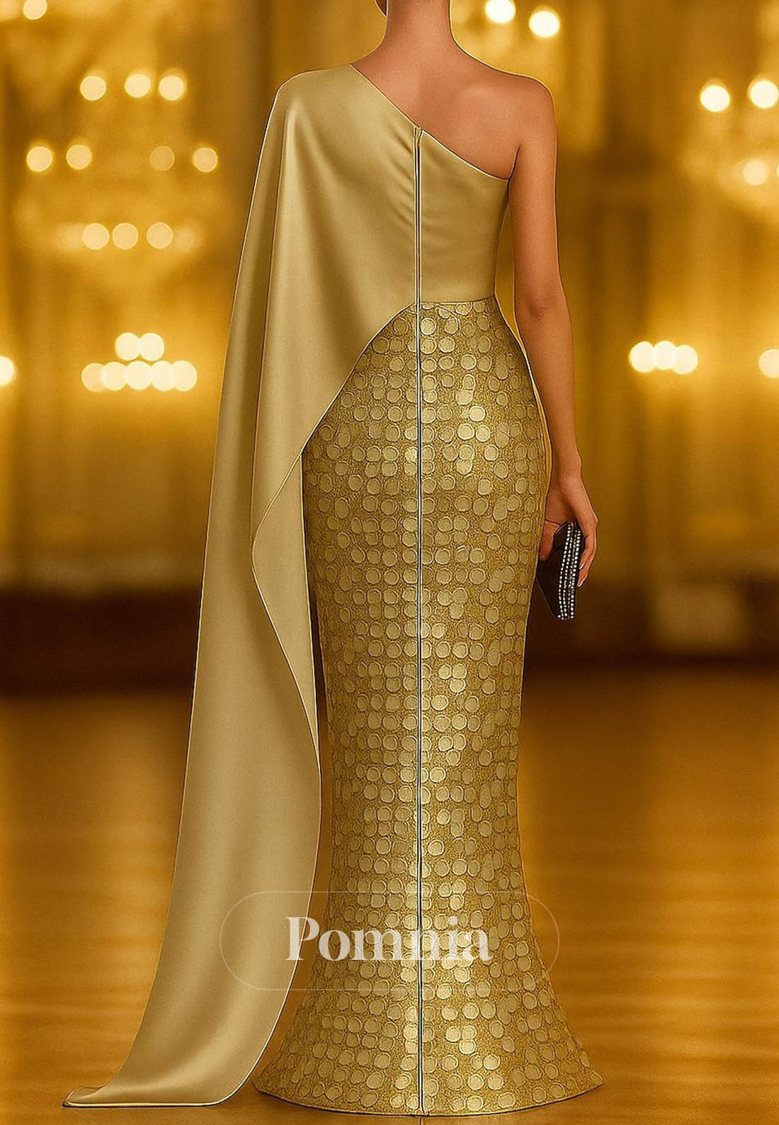 One Shoulder Formal Capes Satin Sequined Evening Dress