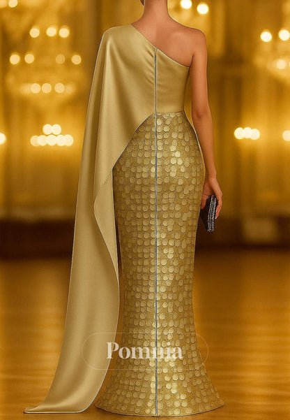 One Shoulder Formal Capes Satin Sequined Evening Dress