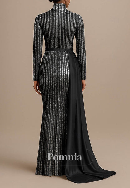 Sparkle Long Sleeve High Neck Formal Wedding Sequined with Glitter