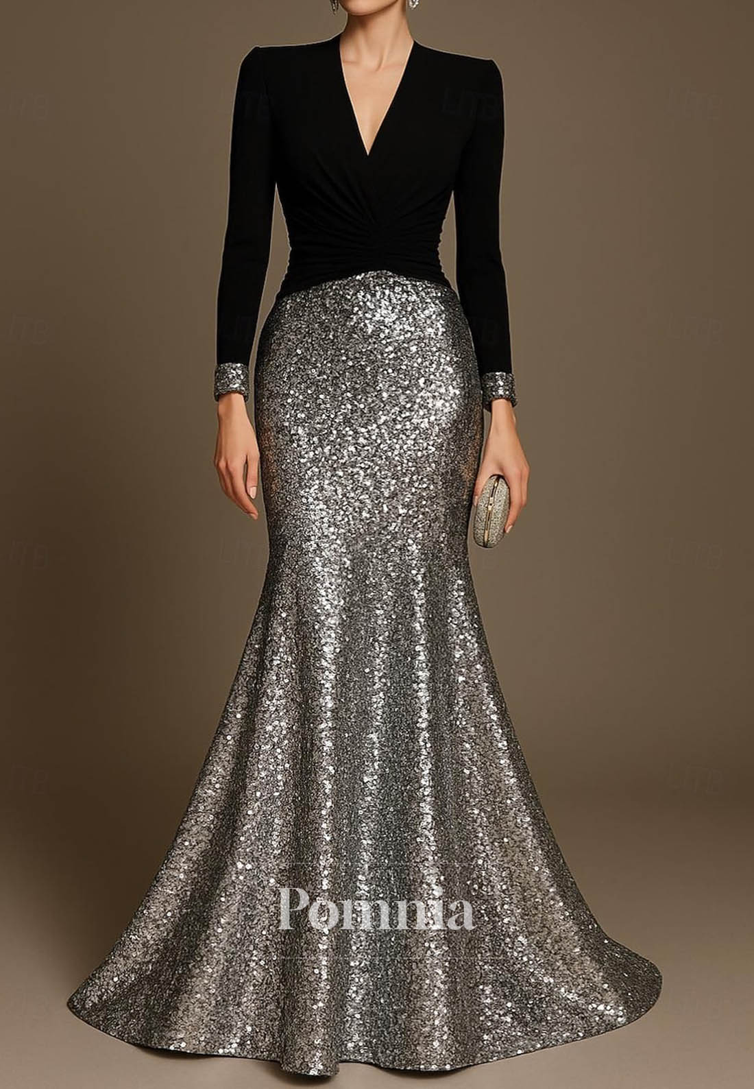 Trumpet Floor Length Evening Dress V Neck Sequined with Glitter