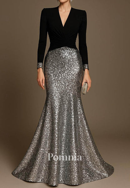 Trumpet Floor Length Evening Dress V Neck Sequined with Glitter