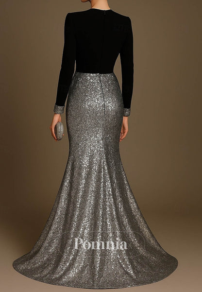 Trumpet Floor Length Evening Dress V Neck Sequined with Glitter