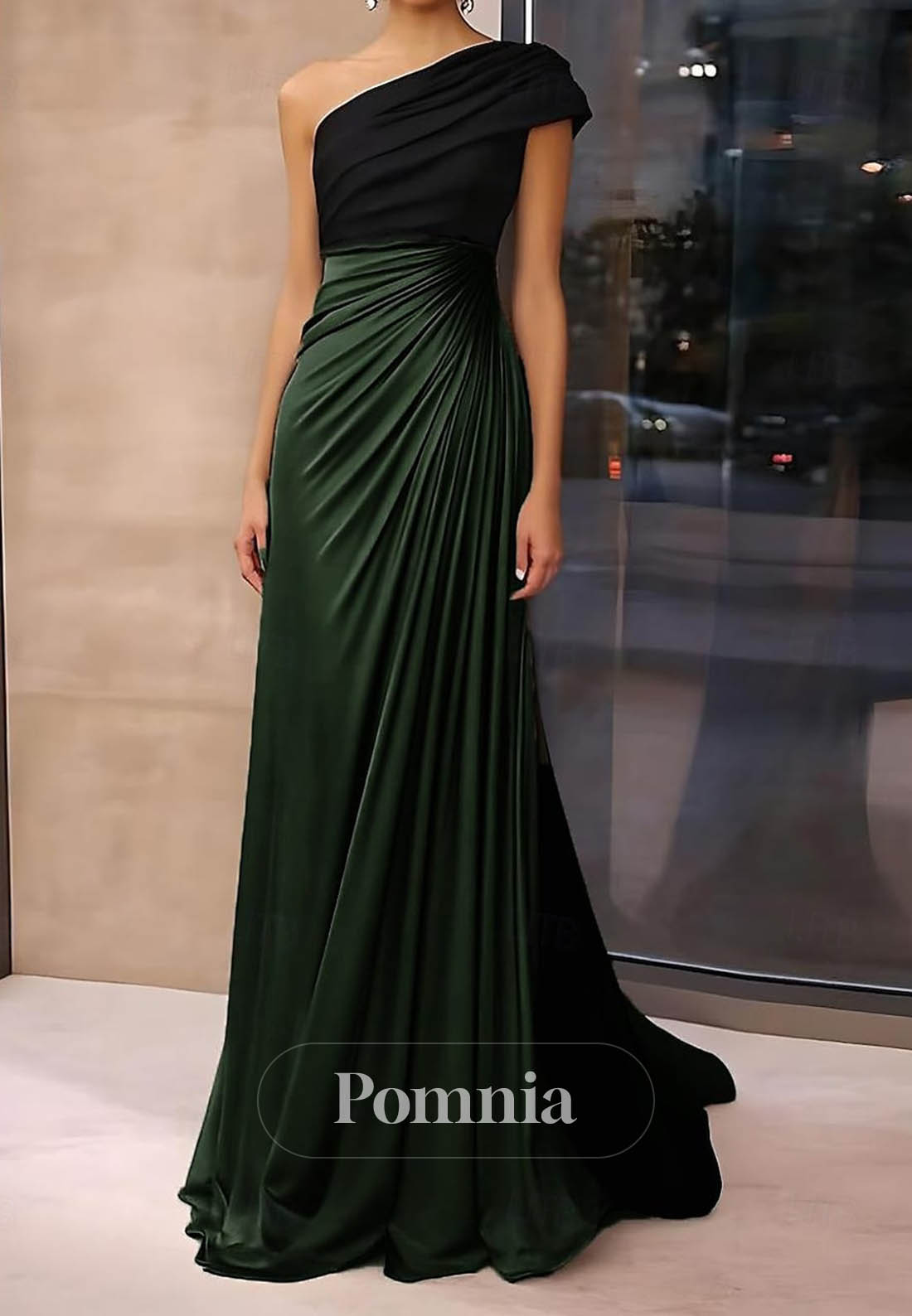 One Shoulder Formal Wedding Satin Stretch Crepe with Ruched