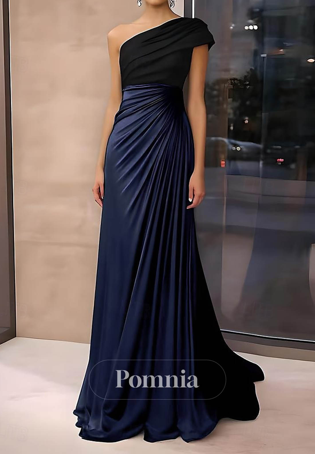 One Shoulder Formal Wedding Satin Stretch Crepe with Ruched