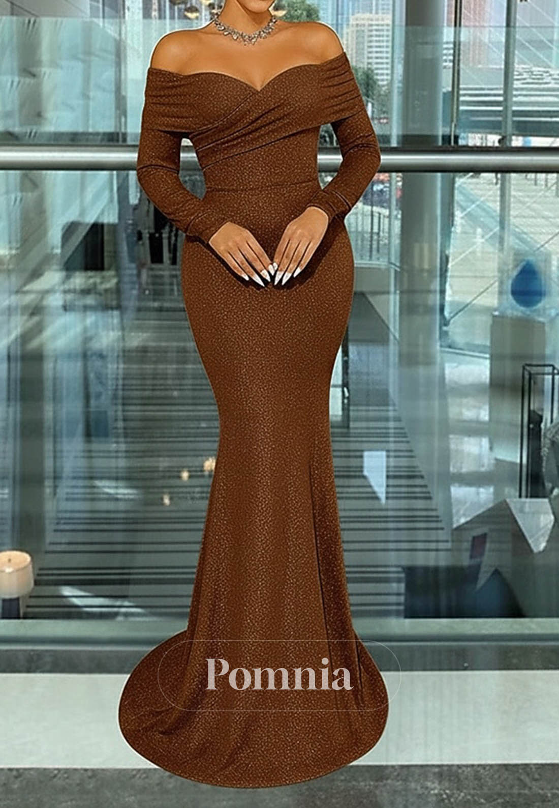 Elegant Formal Wedding Sweep Long Sleeve Evening Dress