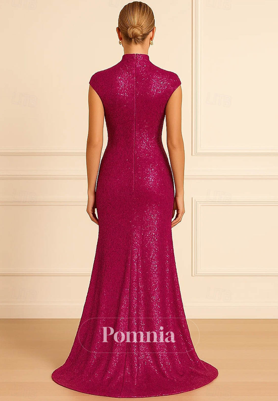 Cap Sleeve High Neck Wedding Formal Sequined with Glitter