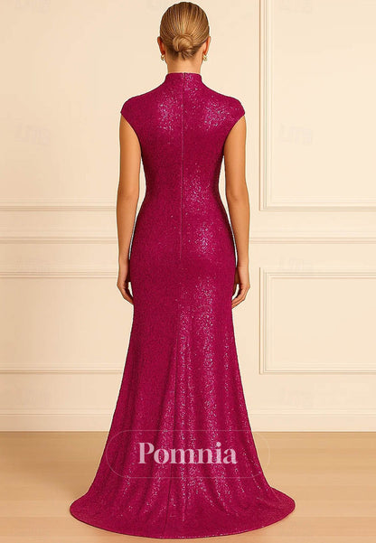 Cap Sleeve High Neck Wedding Formal Sequined with Glitter