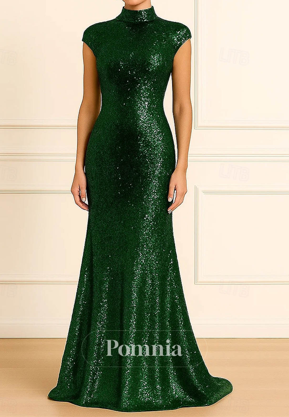 Cap Sleeve High Neck Wedding Formal Sequined with Glitter